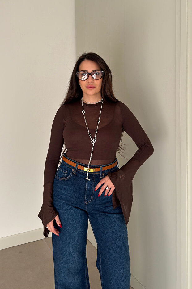 بلوزة إسبانية أساسية بأكمام - بني - 4