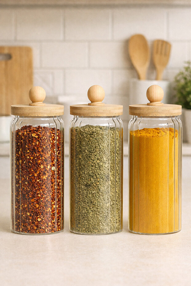 Borosilicate 1000ml Jar Set of 3 with Bamboo Lid and Line Pattern Kw-768