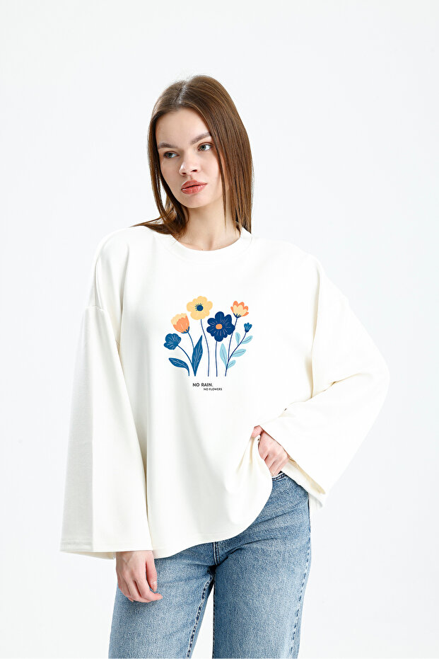 Oversize Modal Kumaş Çiçek Baskılı Sweatshirt - 1