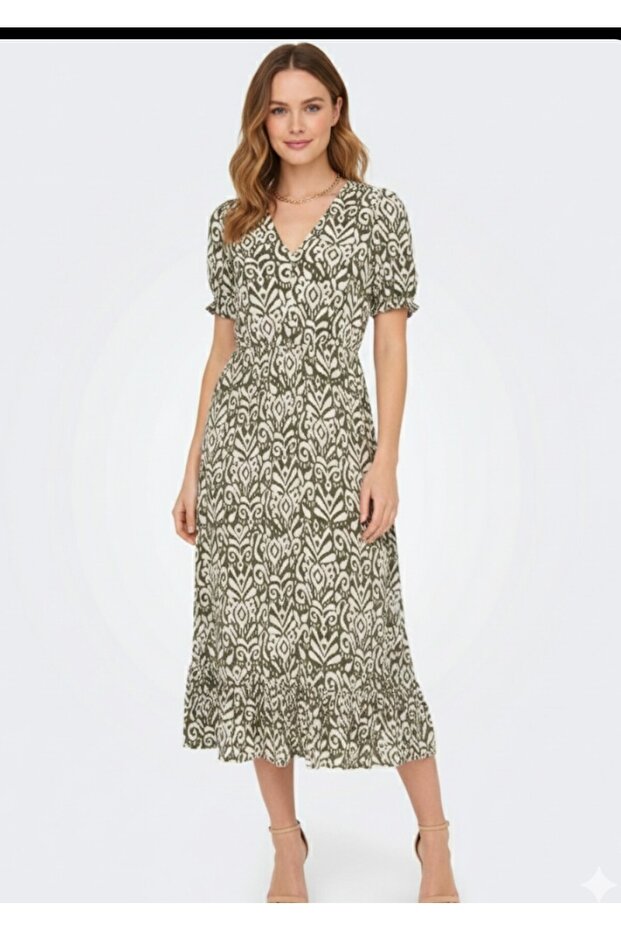 Bohemian Khaki Patterned Viscose Dress