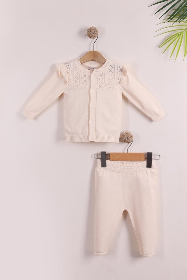 Ecru Ruffled Buttoned Cardigan Knitwear Girls Set Cotton 3-6 6-9 9-12