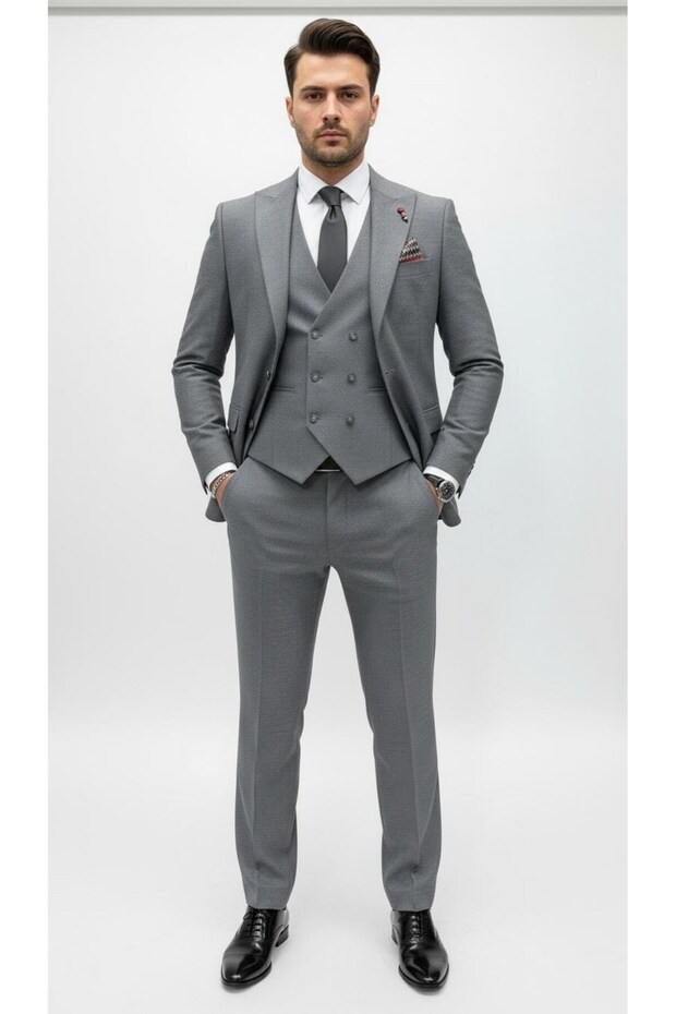 Men's 3-Piece Suit | Pointed Collar, Single-Button, Double Vent, Embroidered Fabric