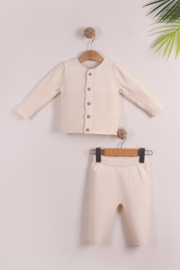 Ecru baby boy cotton knit set | Buttoned knit sweater 3-6, 6-9, 9-12 months