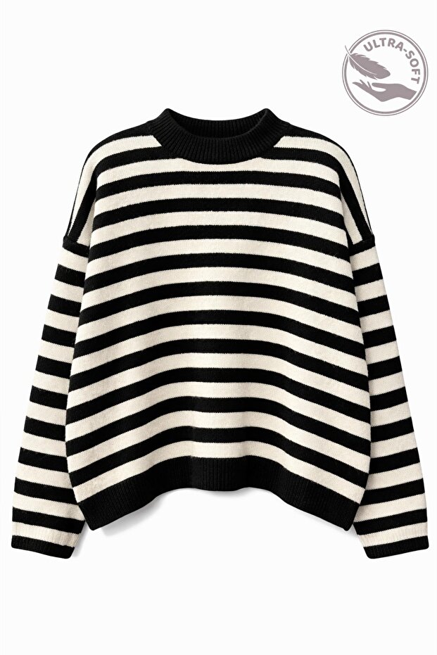 7016 Kadın Çizgili Oversize Basic Triko Kazak Siyah - 1