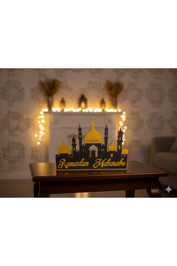Wooden and acrylic Islamic Ramadan decoration stand with a "Ramadan Mubarak" design, 30 cm in size.