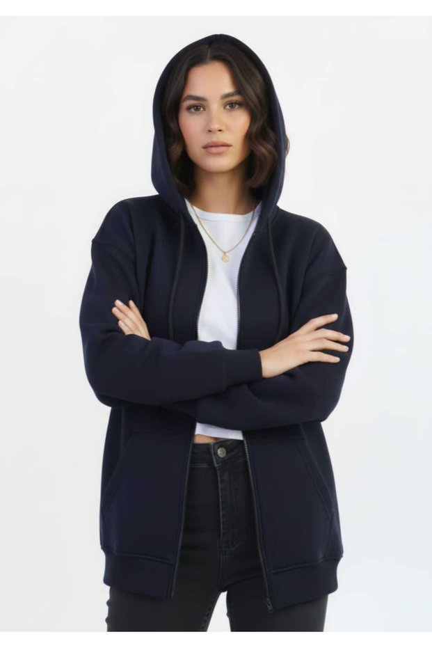 Sweatshirt Hooded Zippers Navy Blue Thick 2 Threads