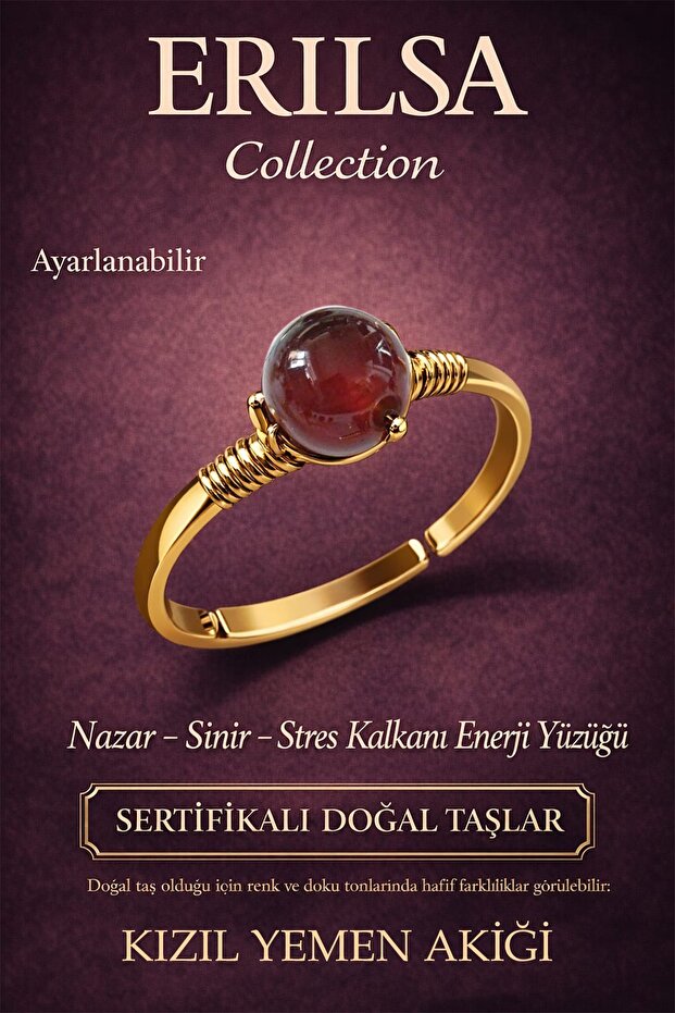 Certified Evil Eye Stress Shield Energy Ring - Red Yemen Stone Gold Adjustable Aries Leo Zodiac Sign