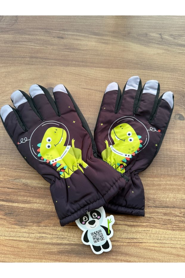Dinosaur Black Color Lined Children's Ski and Snow Gloves for Ages 6-10