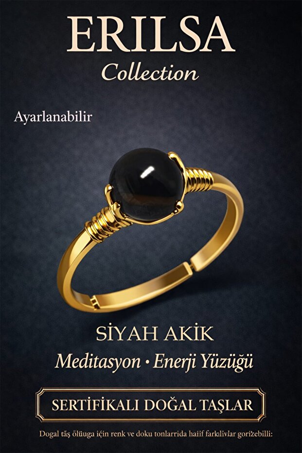 Certified Negative Energy Protection Ring – Black Agate Stone Adjustable Gold Thin Scorpio Capricorn Zodiac Sign