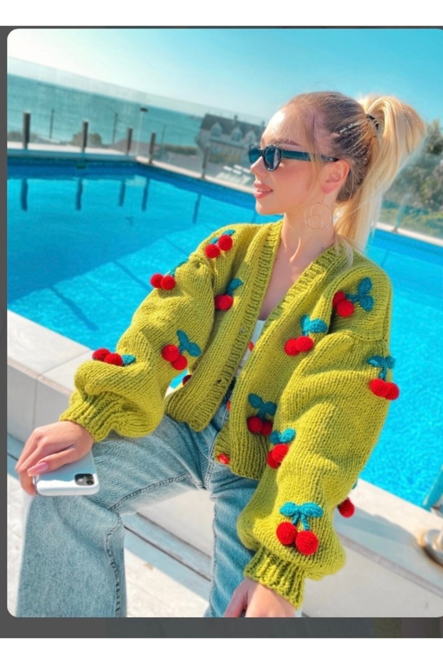 Megahan Boutique Cherry Hand-Knitted Trendy Green Cardigan