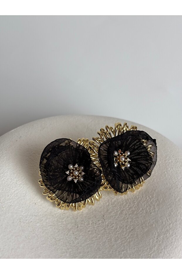 Gold Color Black Tulle Pearl Earrings (3 cm)
