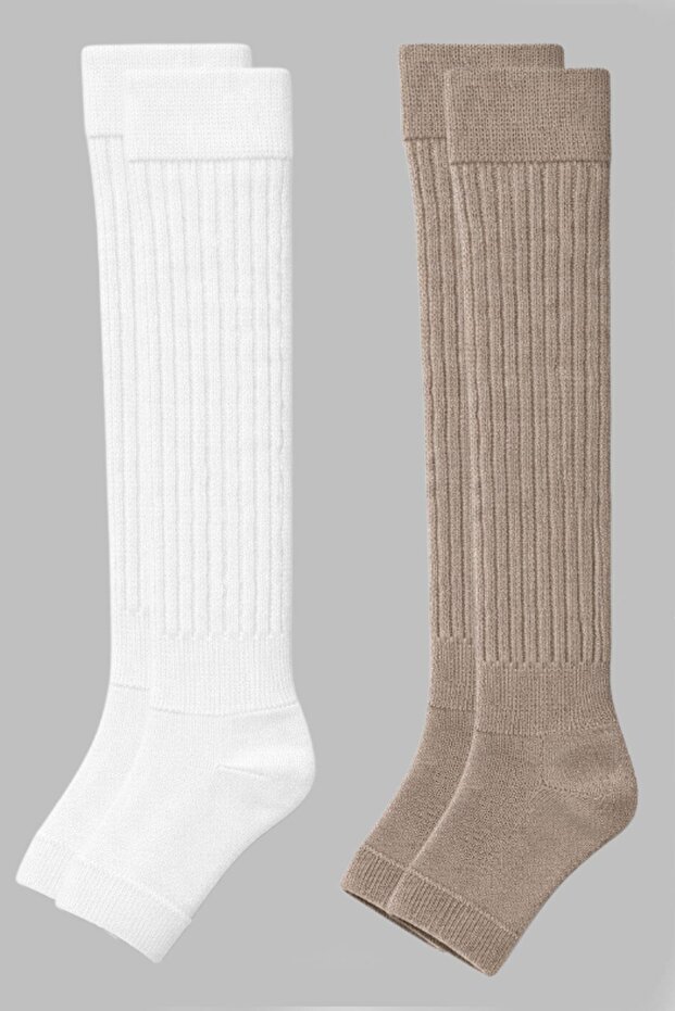 2 Pairs of Fingerless, Thick Ribbed, Above-Knee Leggings with Cotton Content