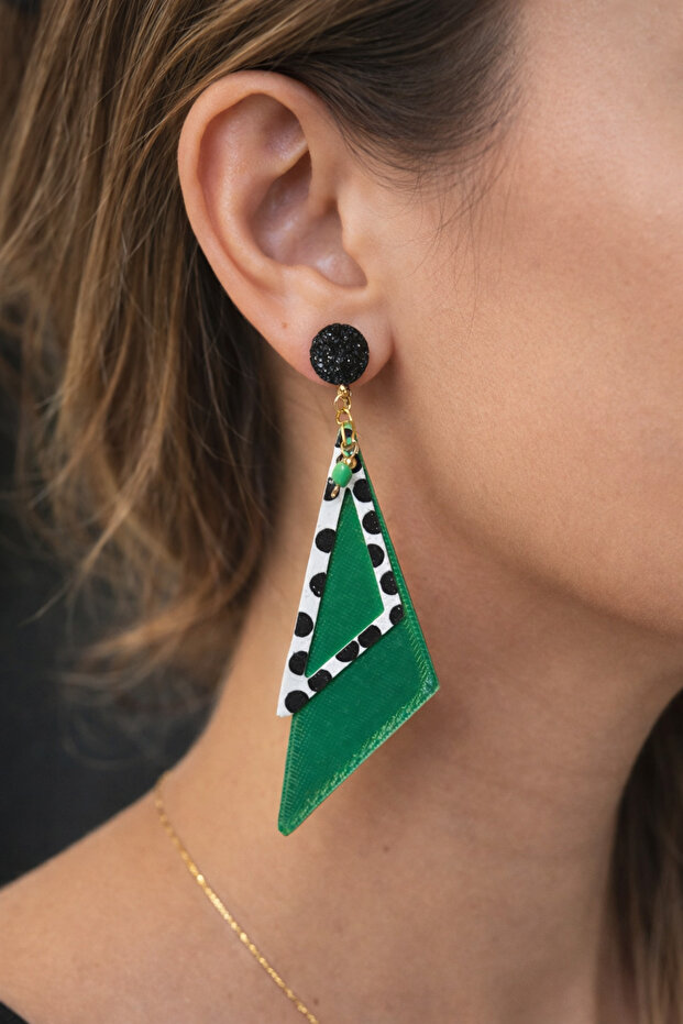 Non-Pierced Clip-On Statement Design Women's Earrings – Geometric Green Model