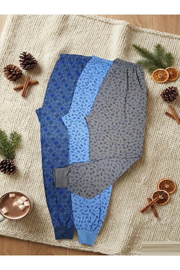 Men's winter cuffed pajama bottoms - navy, blue, and grey patterned (set of 3)