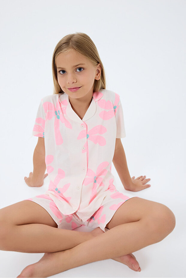 Girl's Shirt Collar Printed Summer Regular Fit Cream Pajama Set Rp3780-C-V1