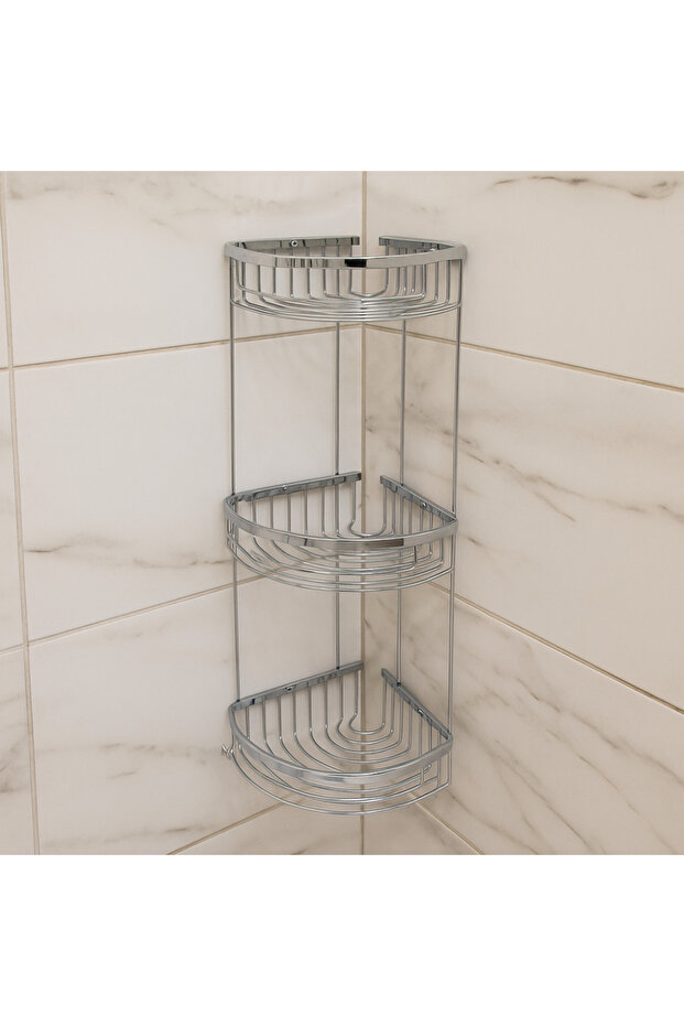 Shiny Chrome Corner Sponge Holder – 3 Tier, Shampoo & Soap Rack Chromeline