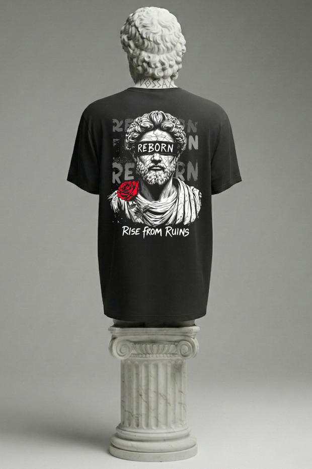 Unisex Black Oversized Crew Neck Streetwear T-Shirt Reborn Statue and Rose Printed 100% Cotton