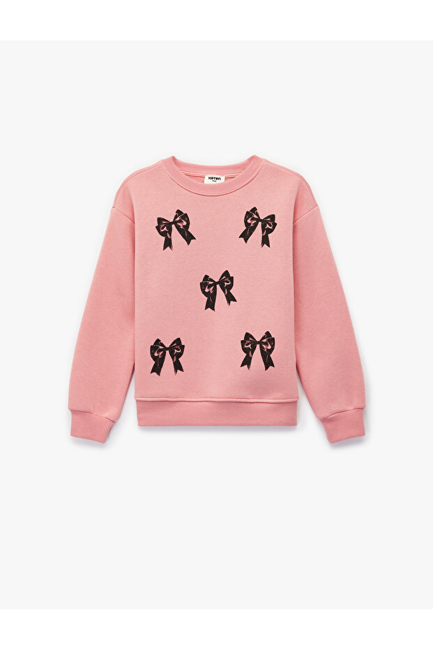 Bow-Tie Long Sleeve Crew Neck Cotton Ribbed Sweatshirt