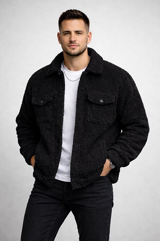 Men's Oversized Plush Sherpa Jacket with Fleece Inside Black