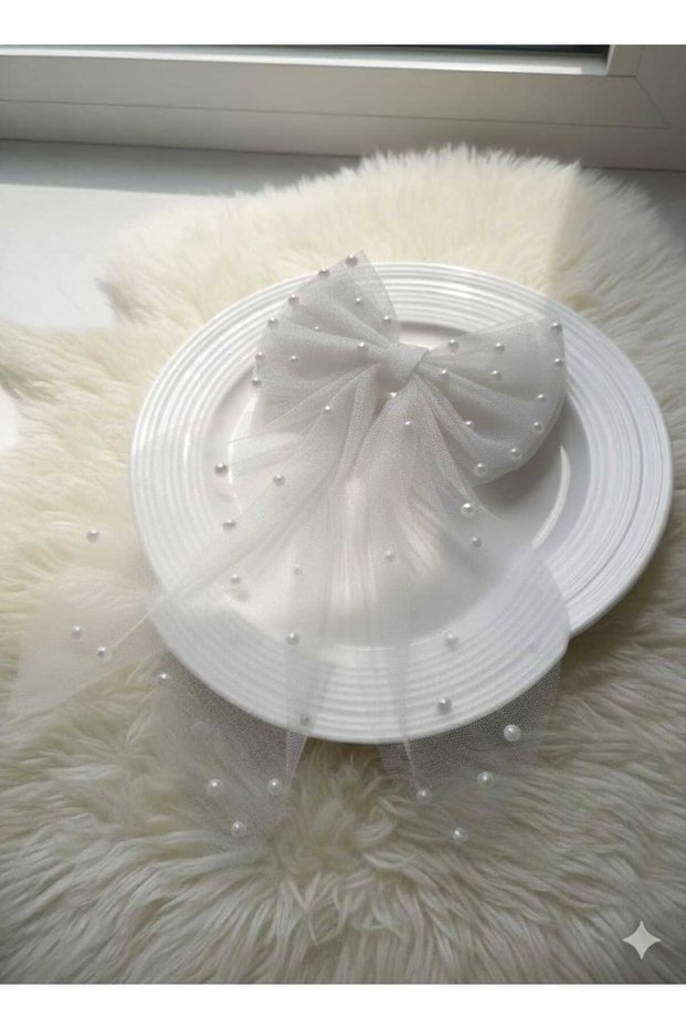 Women's Pearl Tulle Bow Hair Clip - Bridal Wedding Outdoor Shooting Hair Clip Large Hair Accessory