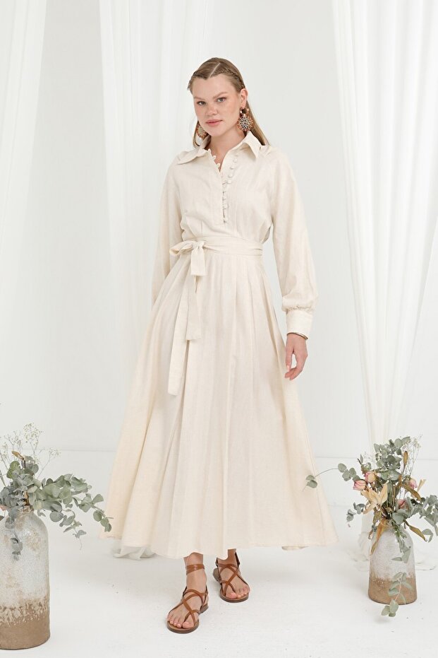 Keten Önü Düğmeli Elbise - 2