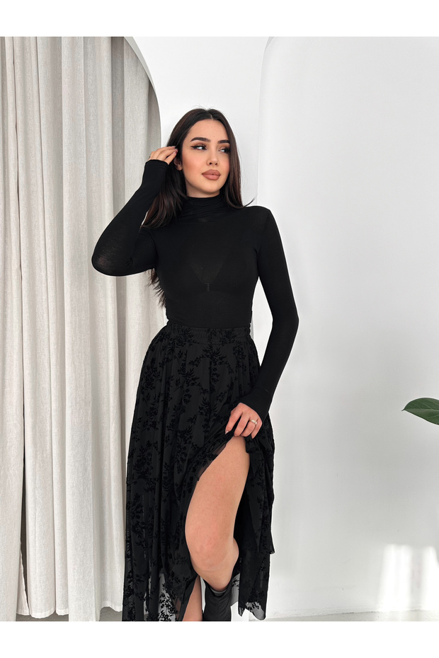Asymmetrical Flocked Printed Tulle Skirt with Elastic Waist | Elastic Waist Asymmetric Flocked Tulle Skirt