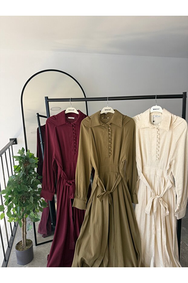 Keten Önü Düğmeli Elbise - 1