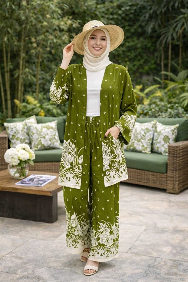 Patterned Top-Bottom Modest Kimono Set