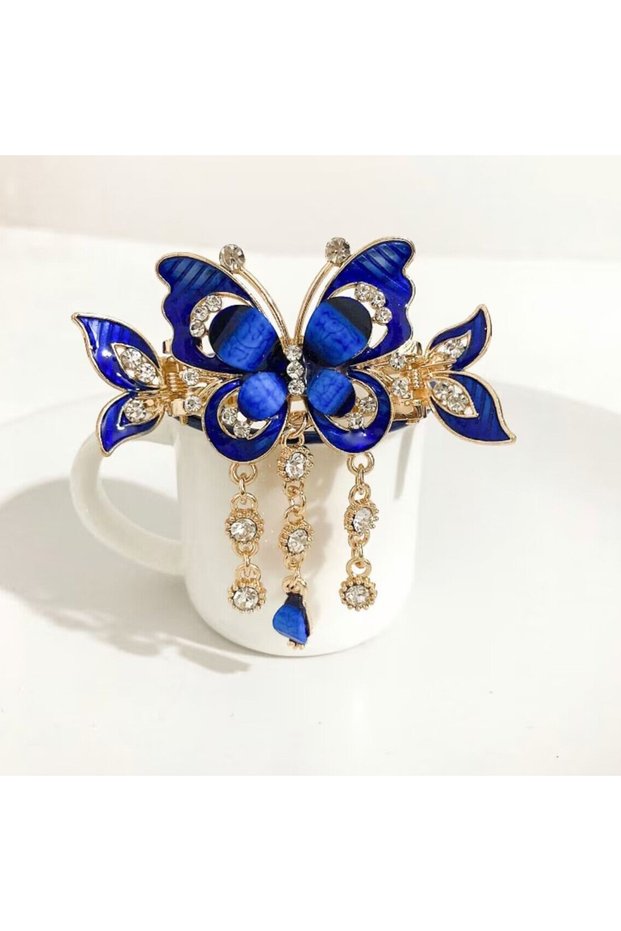 Blue Fashion Elegant Zircon Butterfly Tassel Hairpin Accessories For Women Retro Ethnic Style Small