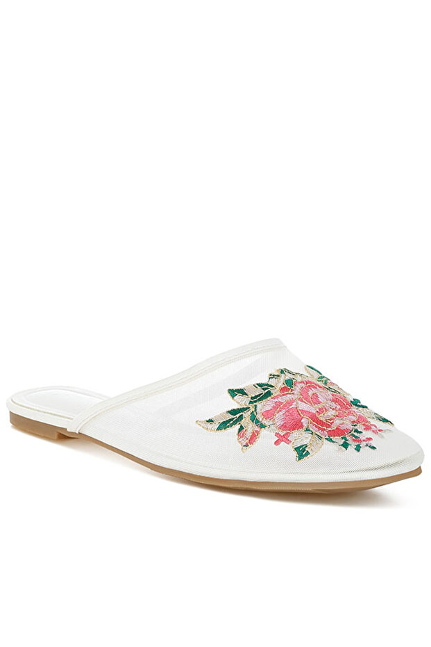 Women Floral Embroidered Mesh Mules in White