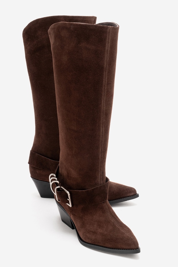 Helios Brown Suede Genuine Leather Buckle Women's Western Boots