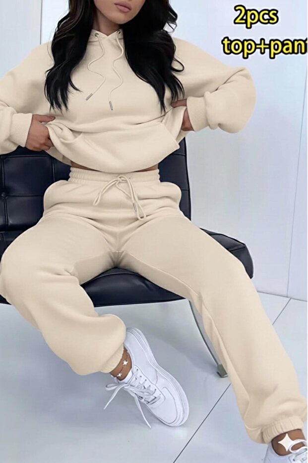 Women's Beige Hooded Sweat Tracksuit Bottom Set