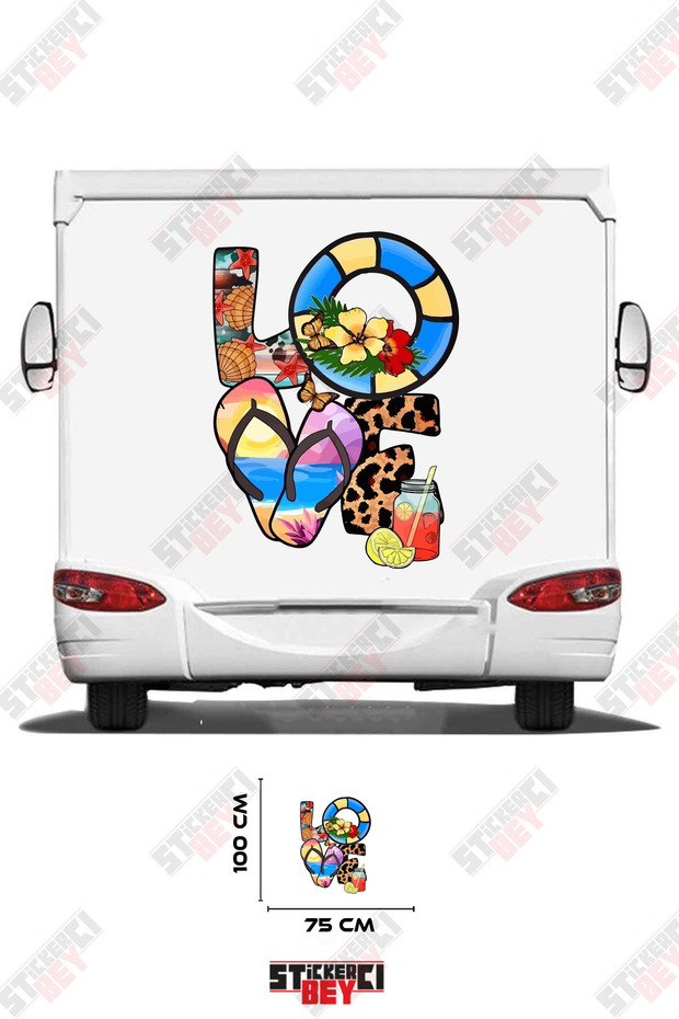 Visual Caravan Sticker Coating with Love Written on It and Coastal Pattern