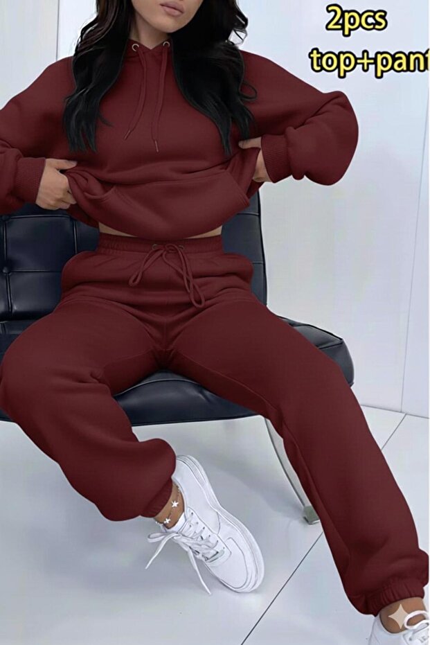 Women's Burgundy Hooded Sweat Tracksuit Bottom Set