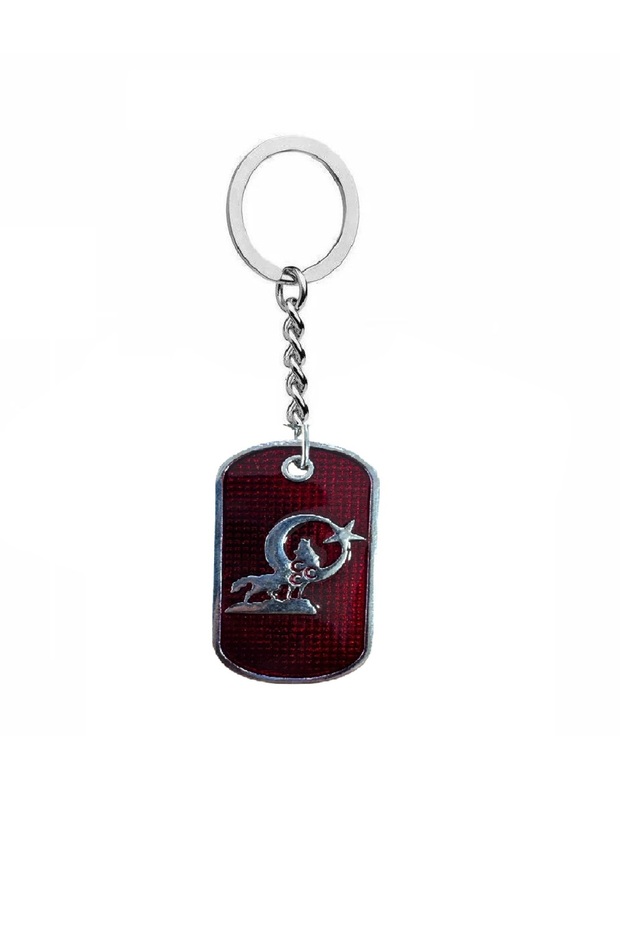 Gray Wolf Themed Metal Tag Red Color Unisex Keychain