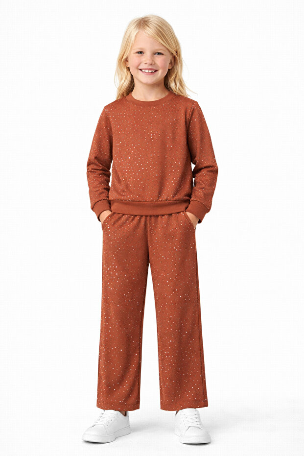 Crew Neck Stone Printed Brick Color Girls' Two-Piece Set