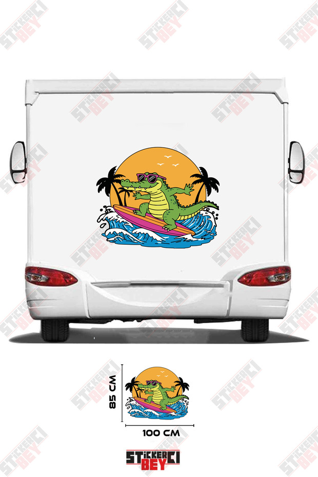 Caravan Sticker Coating with a Picture of a Surfing Crocodile
