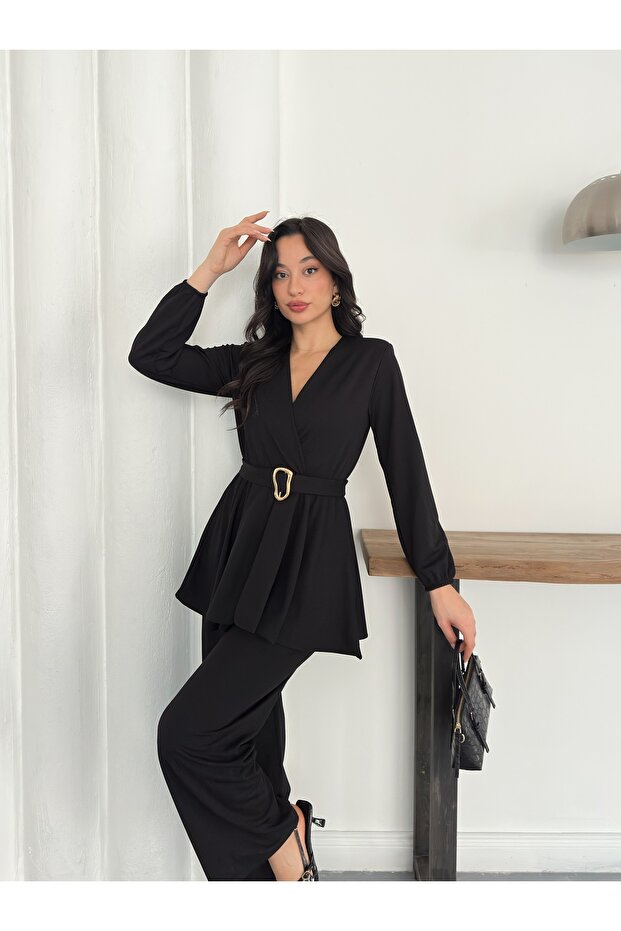 Double-Breasted Collar Padded Shoulders Belt Detail Two-Piece Set