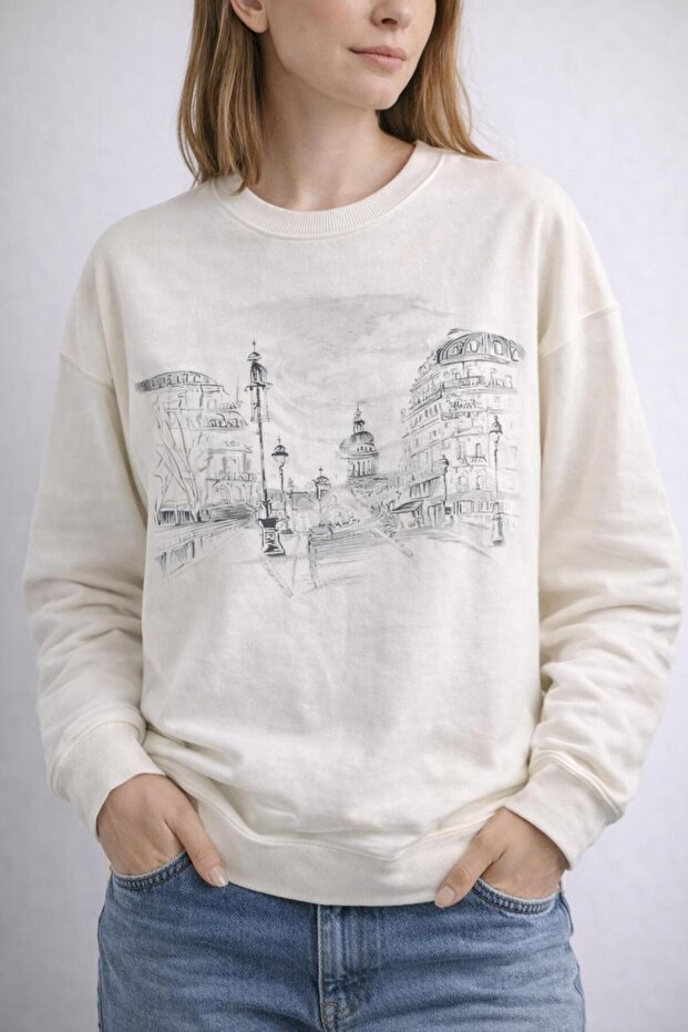 Cycling Collar 3-Thread Cotton Paris Print Sweatshirt