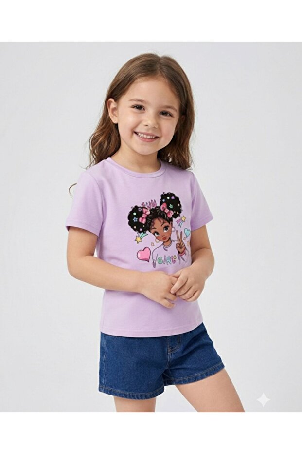 Children's Mix B Printed Cotton Crew Neck Lilac Tshirt
