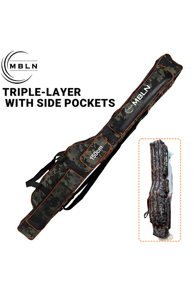 YJB20 1pc 150cm 3-Layer Fishing Rod Bag, Speckled Green, Foldable Durable Backpack, Large Capacity f