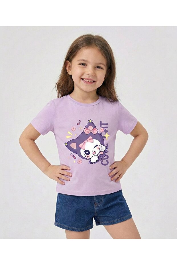 Children's Mix B Printed Cotton Crew Neck Lilac Tshirt