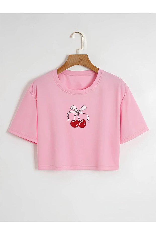 Women's Oversize Crew Neck Cherry Printed Crop T-Shirt