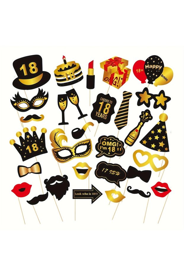 MULTI 30pcs 18th black and golden universal birthday photo props birthday party props set birthday p
