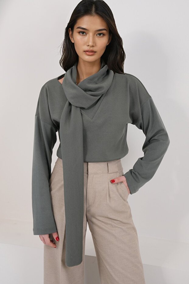 Khaki V-Neck Draped Knitted Blouse with Scarf Detail Alc-X14913