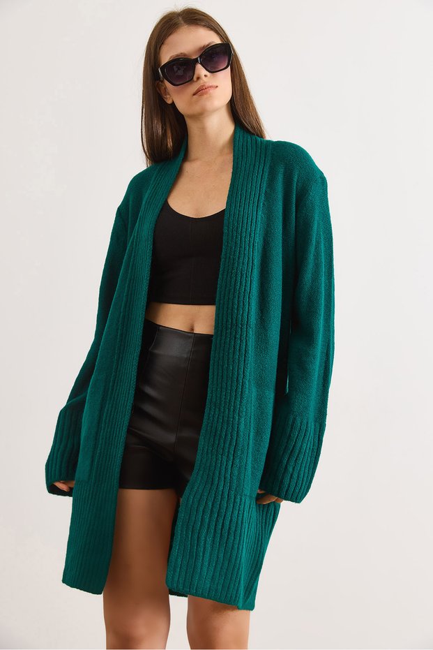 Women's Petrol Green Pocket Detail Collar Detailed Soft Textured Knitwear Cardigan Hrk-19000322