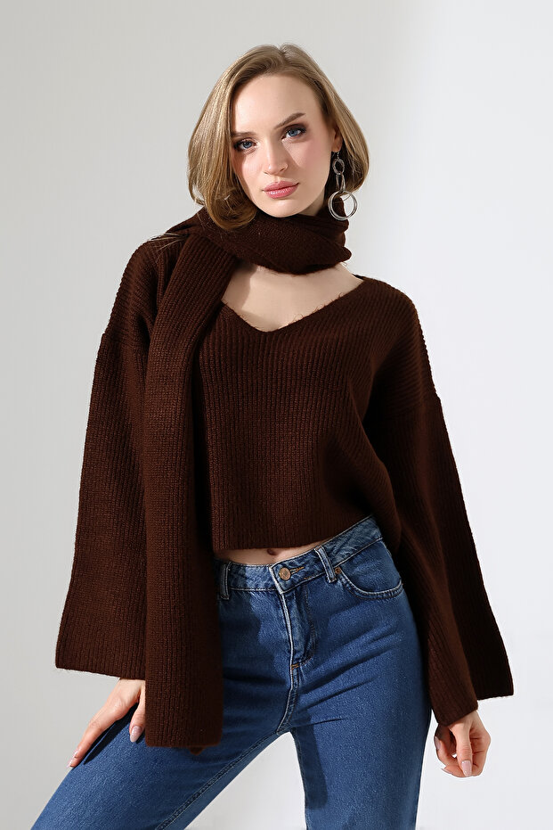 Women's Scarf V-Neck Soft Spanish Sleeve Knitwear Sweater