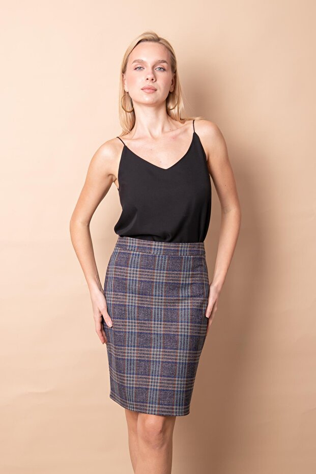 High Waist Above Knee Lightweight Stretch Fabric Stylish Fabric Pencil Skirt-Navy Blue Mint Plaid