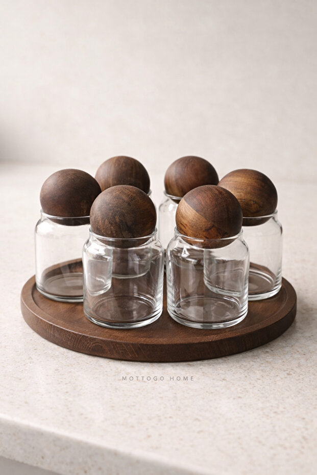 Acacia Lid Borosilicate Glass Spice Jar Set – 6-Piece with Round Stand
