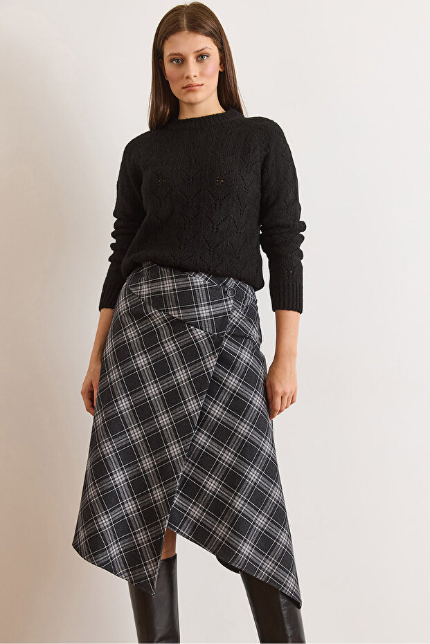 Women's Black Plaid Wool Effect Midi Wrap Skirt Etk-19000369